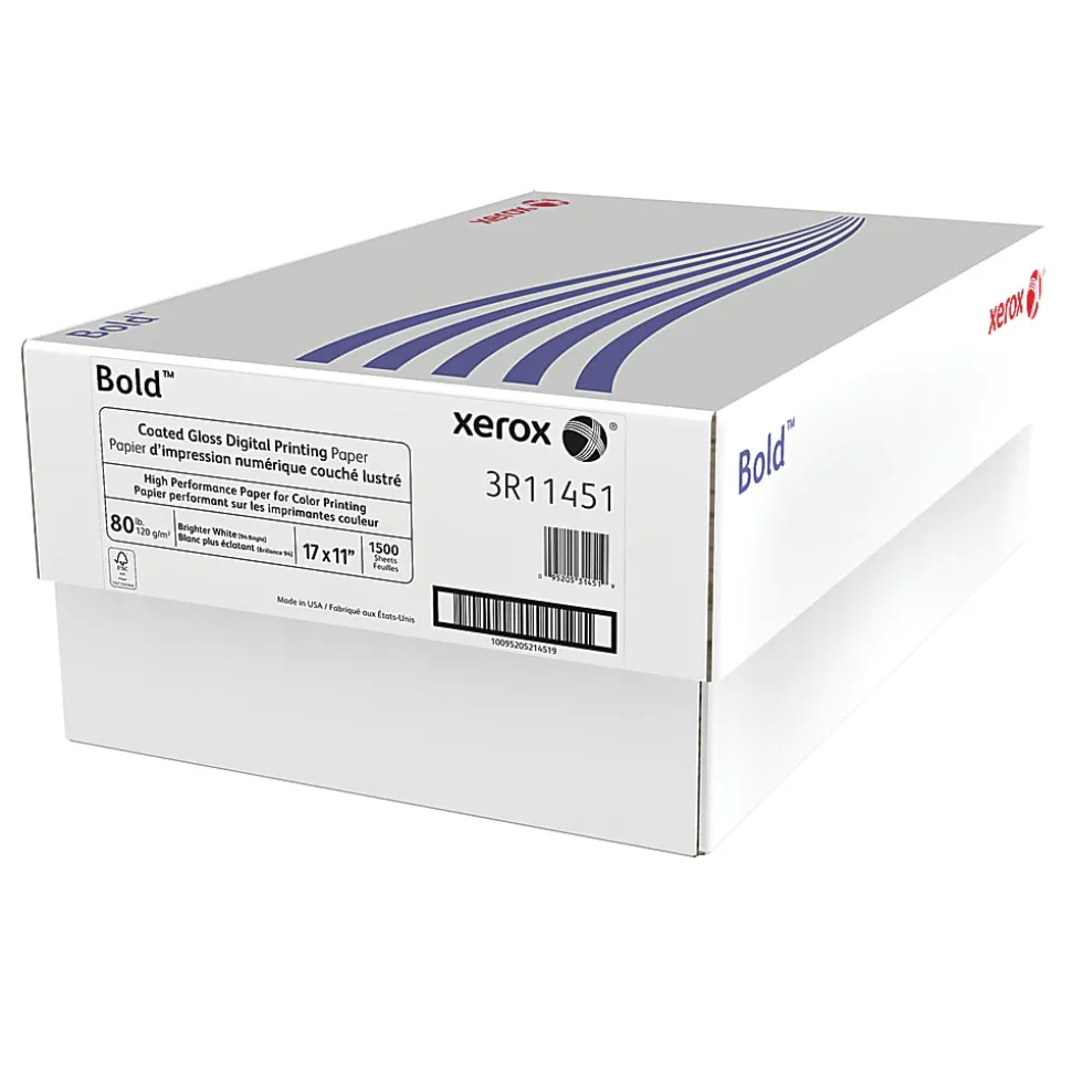 Xerox® Bold Digital™ Coated Gloss Printing Paper, Ledger (11" x 17"), 94 Brightness, 80 Lb, FSC® Certified, White, 500 Sheets Per Ream, 3 Reams