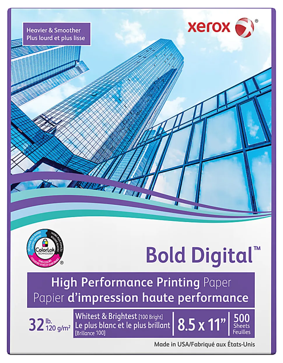 Xerox® Bold Digital™ Printing Paper, 1 Ream, Letter Size (8 1/2"x11"), 100 (U.S.) Brightness, 32 Lb Text (120 gsm), FSC® Certified, Ream Of 500 Sheets
