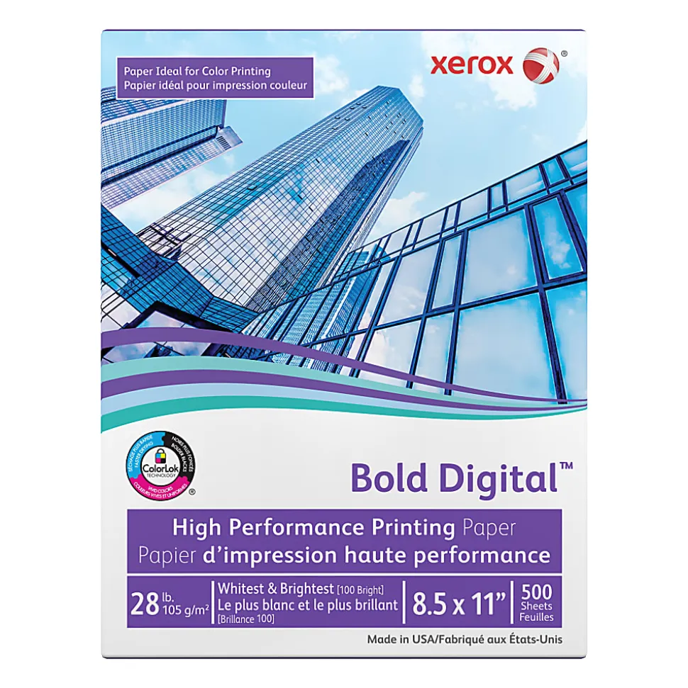Xerox® Bold Digital® Printing Paper, 1 Ream, Letter Size (8 1/2" x 11"), 100 (U.S.) Brightness, 28 Lb, FSC® Certified, Ream Of 500 sheets