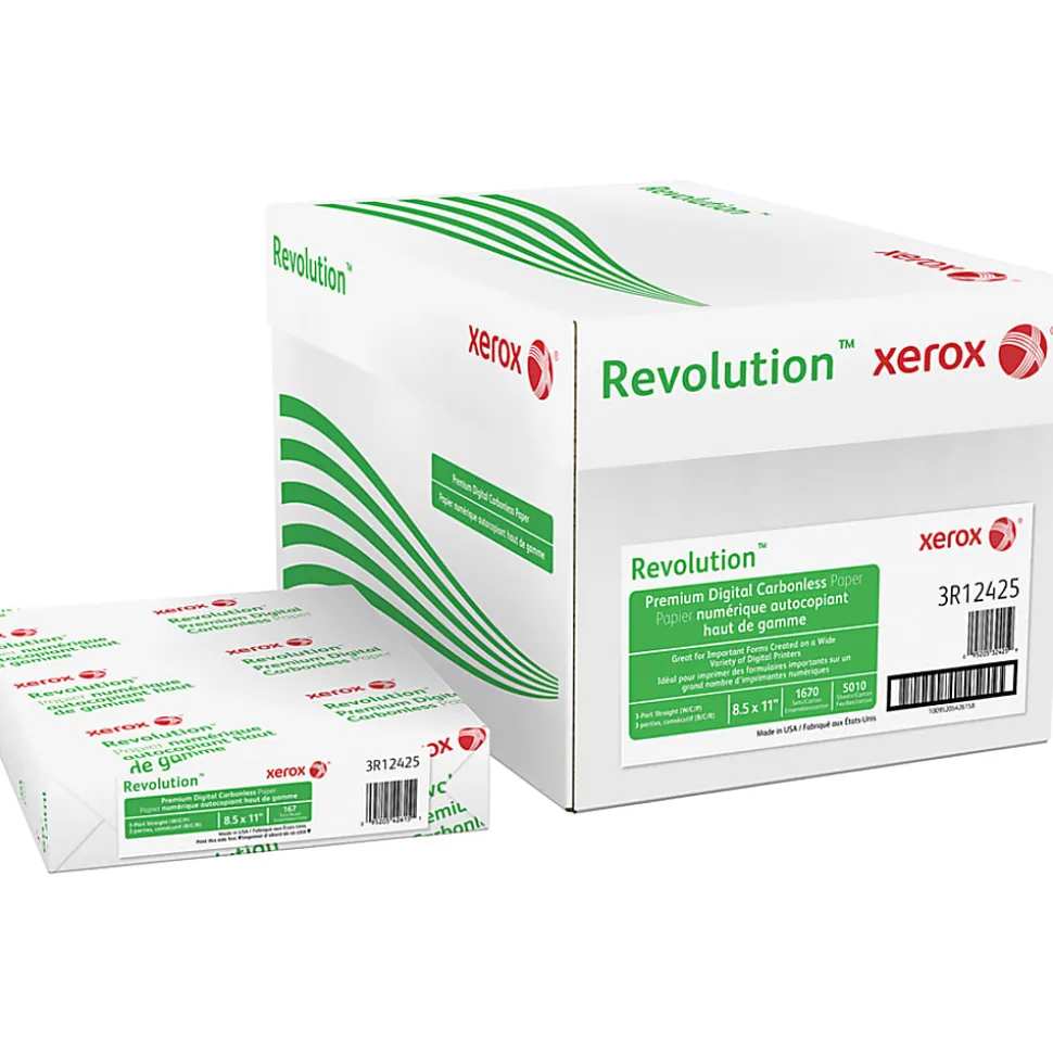 Xerox® Revolution™ Premium Digital Carbonless Laser Paper, White/Canary/Pink, Letter (8 1/2" x 11"), 20 Lb, 92 Brightness, 1670 Total, 167 Sets/Ream