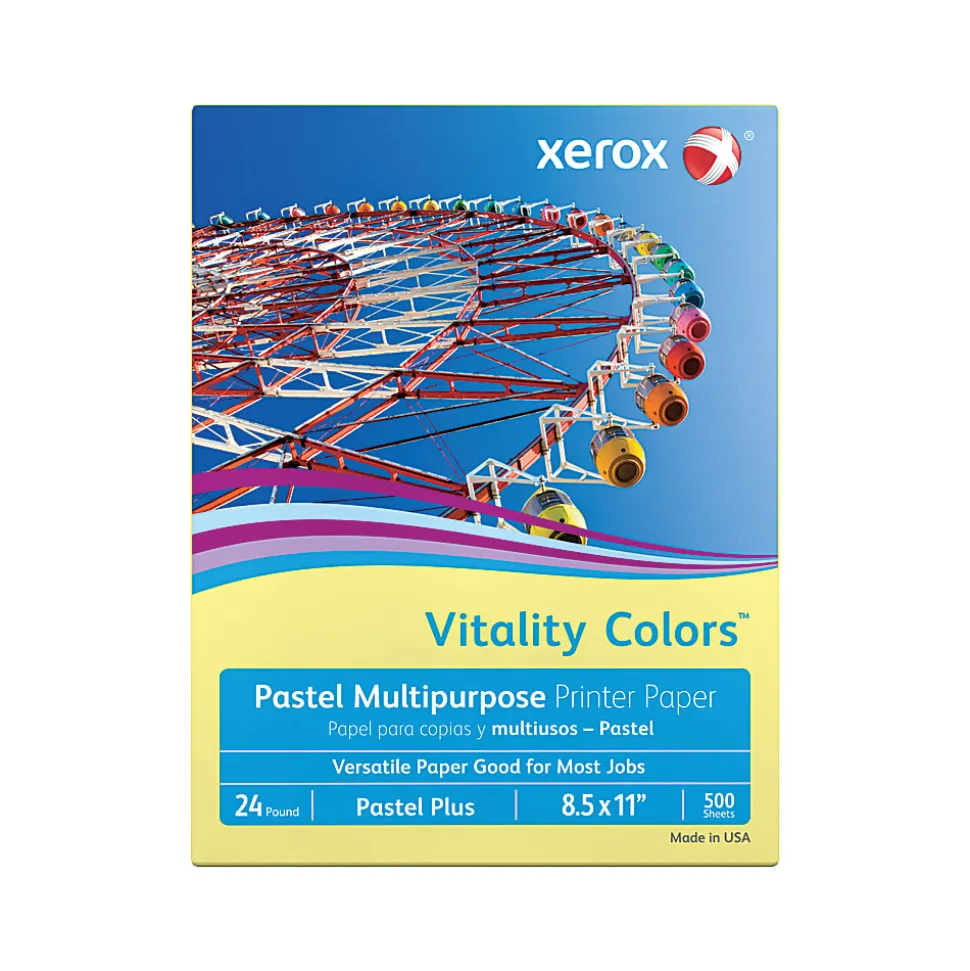 Xerox® Vitality Colors™ Pastel Plus Color Multi-Use Printer & Copy Paper, 1 Ream, Yellow, Letter (8.5"x11"), 500 Sheets Per Ream, 24 Lb, 30% Recycled