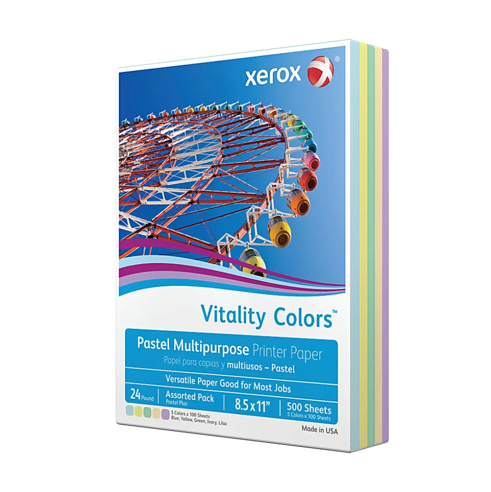 Xerox® Vitality Colors™ Pastel Plus Color Multi-Use Printer & Copy Paper, 1 Ream, Assorted, Letter (8.5" x 11"), 500 Sheets/Ream, 24 Lb