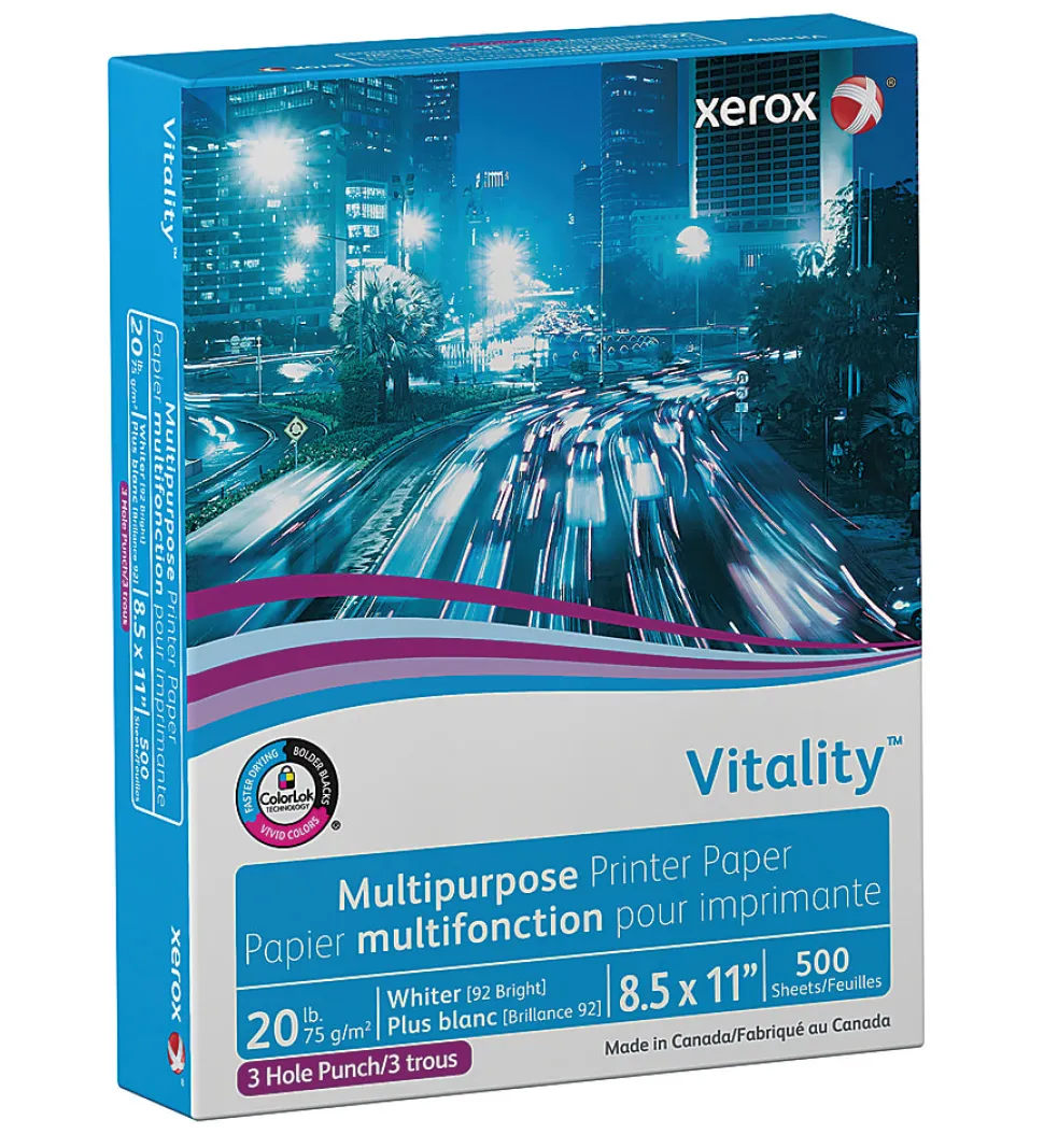 Xerox® Vitality™ 3-Hole Punched Multi-Use Printer & Copy Paper, 1 Ream, White, Letter Size, 500 Sheets Per Ream, 20 Lb, 92 Brightness - 3R2641RM