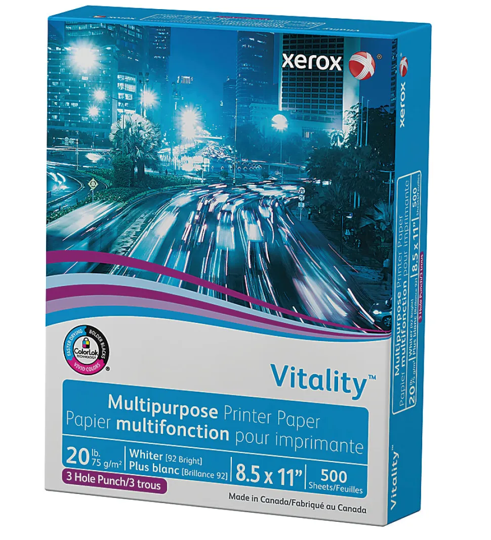Xerox® Vitality™ 3-Hole Punched Multi-Use Printer & Copy Paper, 1 Ream, White, Letter Size, 500 Sheets Per Ream, 20 Lb, 92 Brightness - 3R2641RM