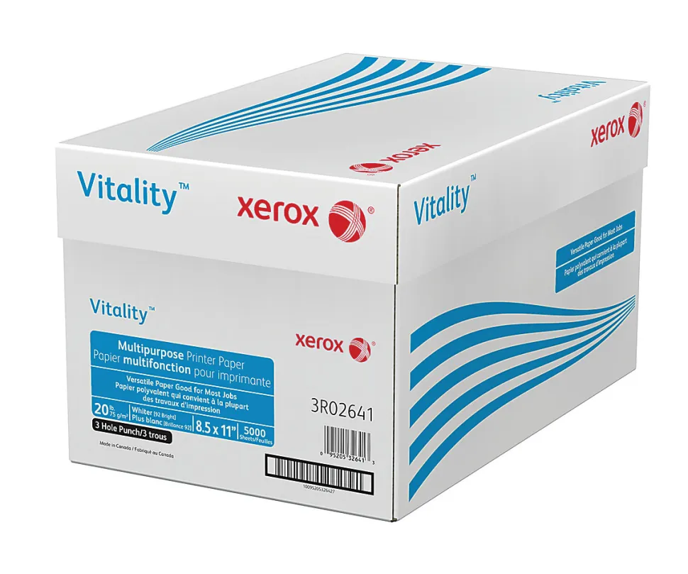 Xerox® Vitality™ 3-Hole Punched Multi-Use Printer & Copy Paper, 10 Reams, White, Letter Size, 5000 Sheets Per Case, 20 Lb, 92 Brightness - 3R2641