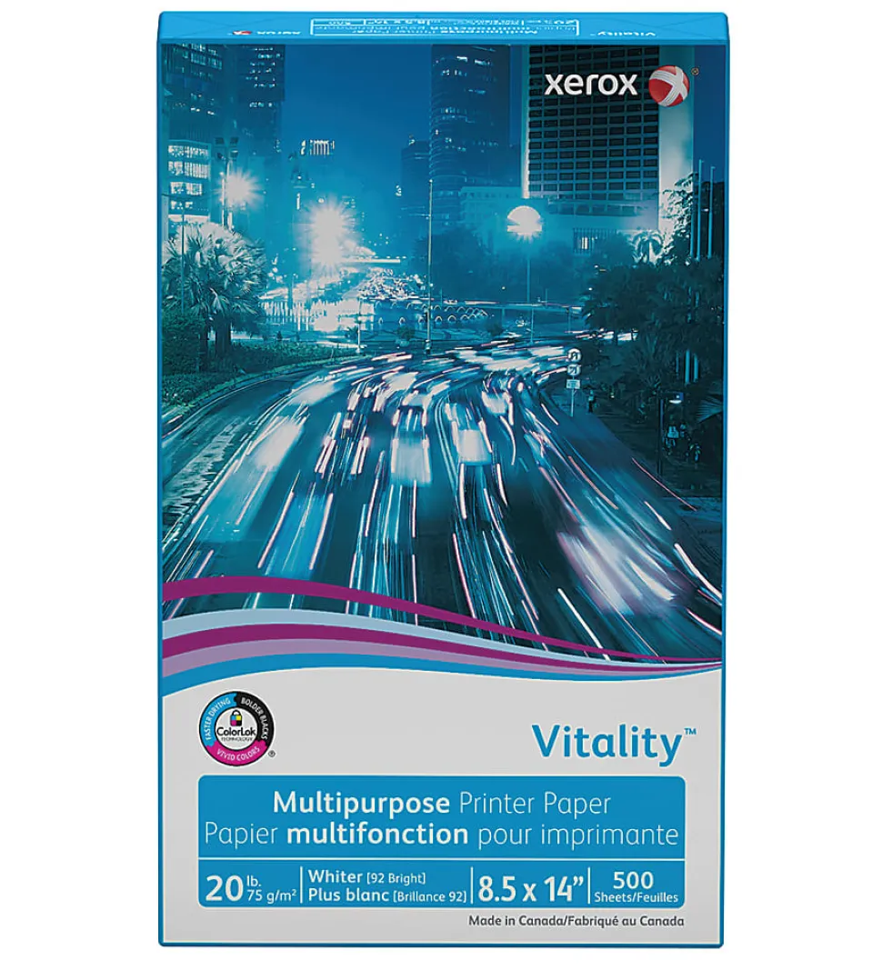 Xerox® Vitality™ Multi-Use Printer & Copy Paper, 1 Ream, White, Legal (8.5" x 14"), 500 Sheets Per Ream, 20 Lb, 92 Brightness, FSC® Certified