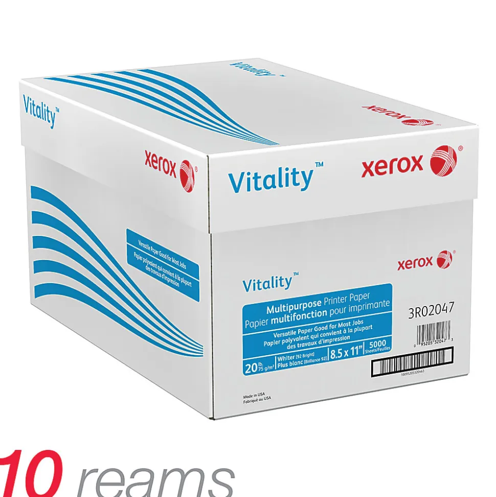 Xerox® Vitality™ Multi-Use Printer & Copy Paper, 10 Reams, White, Letter (8.5" x 11"), 5000 Sheets Per Case, 20 Lb, 92 Brightness, FSC® Certified
