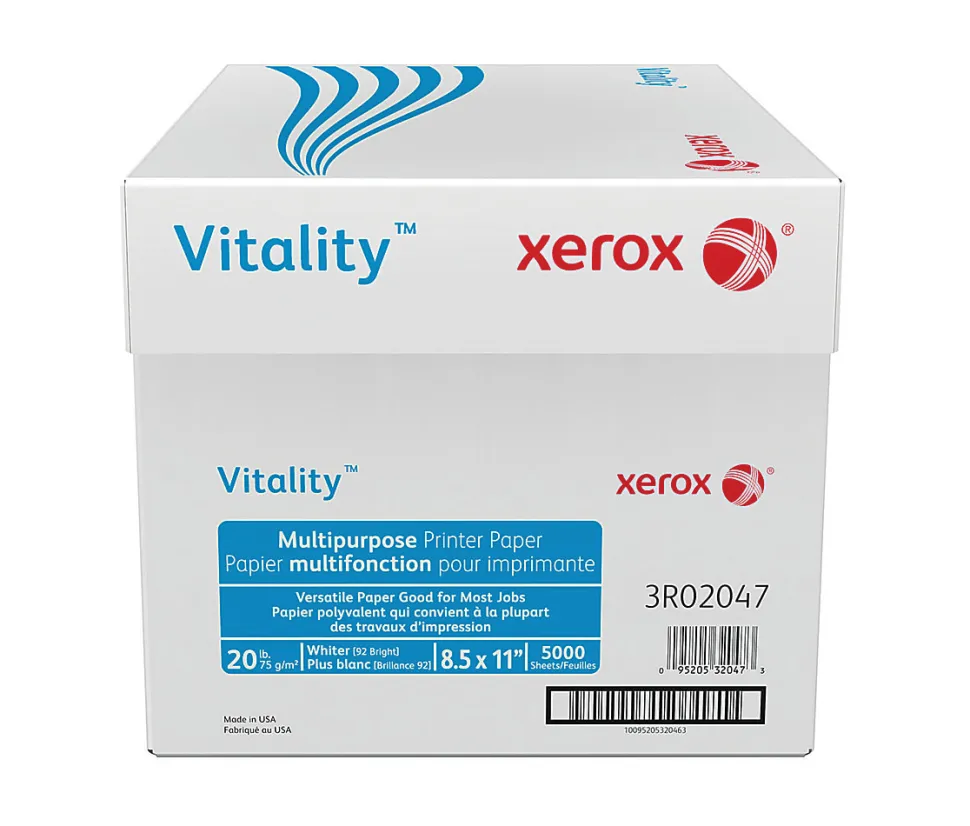 Xerox® Vitality™ Multi-Use Printer & Copy Paper, 10 Reams, White, Letter (8.5" x 11"), 5000 Sheets Per Case, 20 Lb, 92 Brightness, FSC® Certified