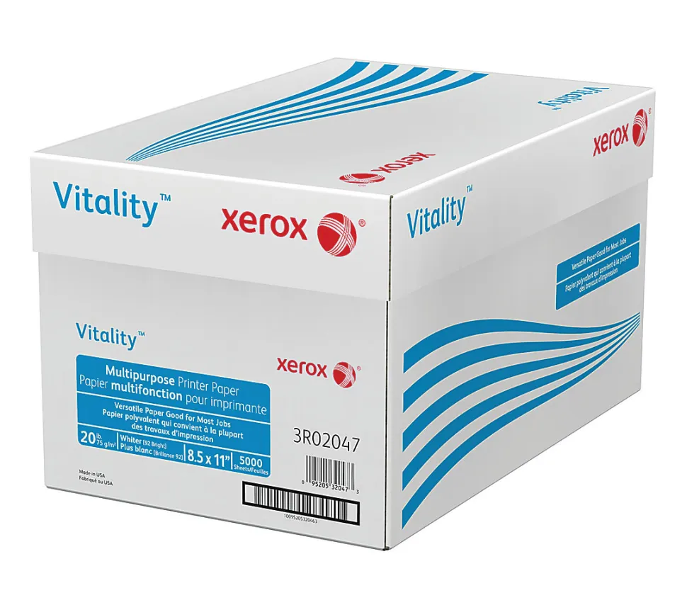 Xerox® Vitality™ Multi-Use Printer & Copy Paper, 10 Reams, White, Letter (8.5" x 11"), 5000 Sheets Per Case, 20 Lb, 92 Brightness, FSC® Certified