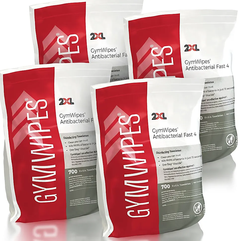 2XL GymWipes Antibacterial Towelettes Bucket Refill, 8” x 6”, Citrus Scent, 700 Sheets Per Container, Set Of 4 Containers