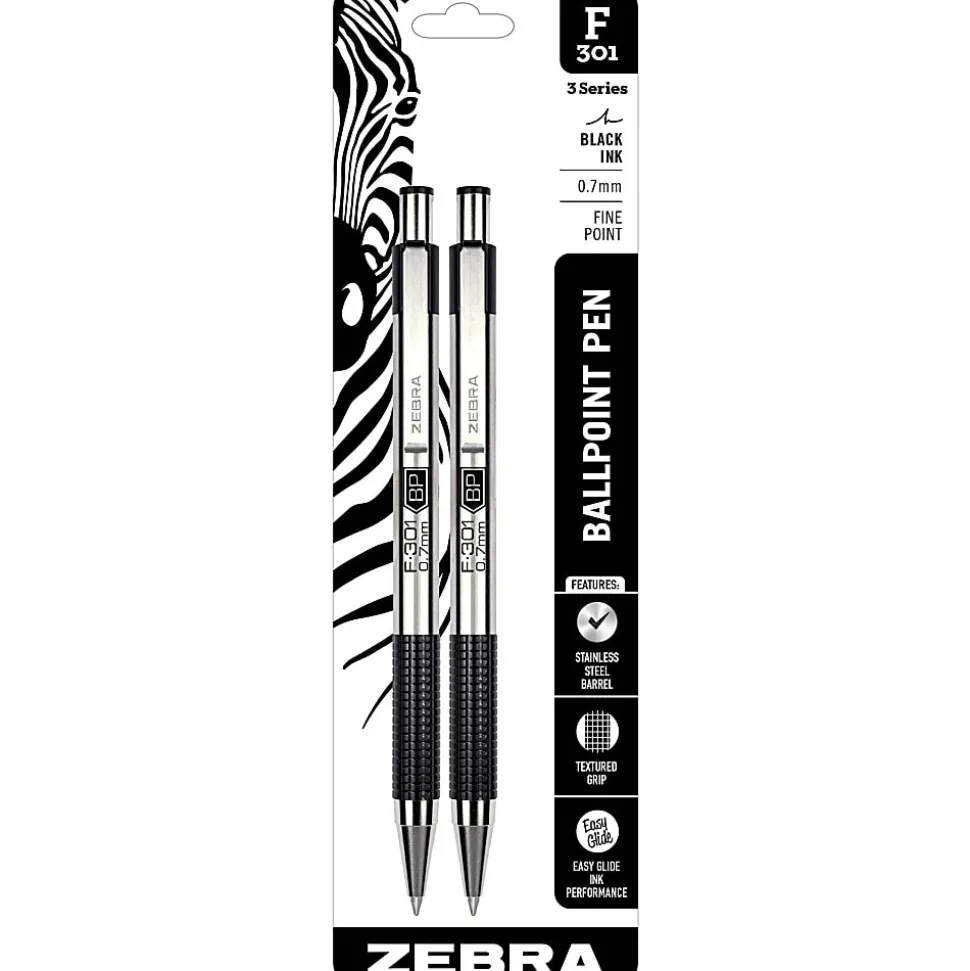 Zebra® Pen BCA F-301 Ballpoint Pens, Pack Of 2, Fine Point, 0.7 mm, Silver Barrel, Black Ink