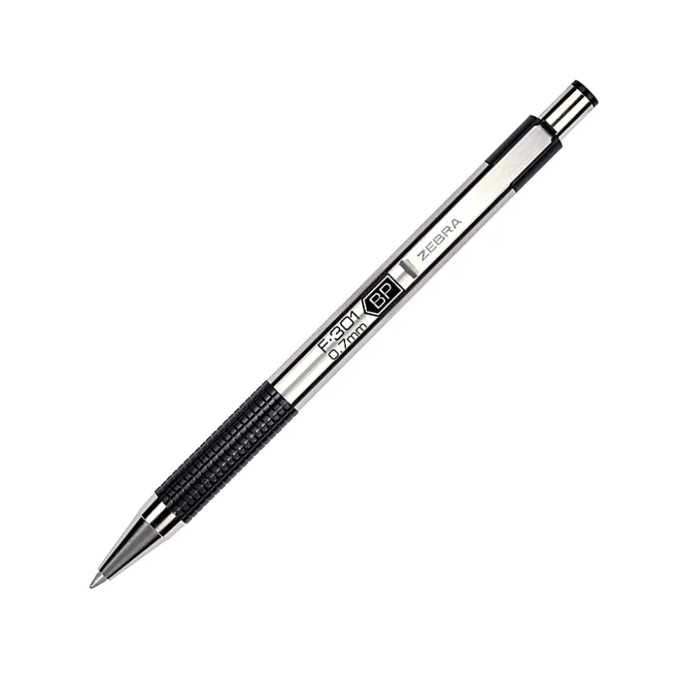 Zebra® Pen BCA F-301 Ballpoint Pens, Pack Of 2, Fine Point, 0.7 mm, Silver Barrel, Black Ink