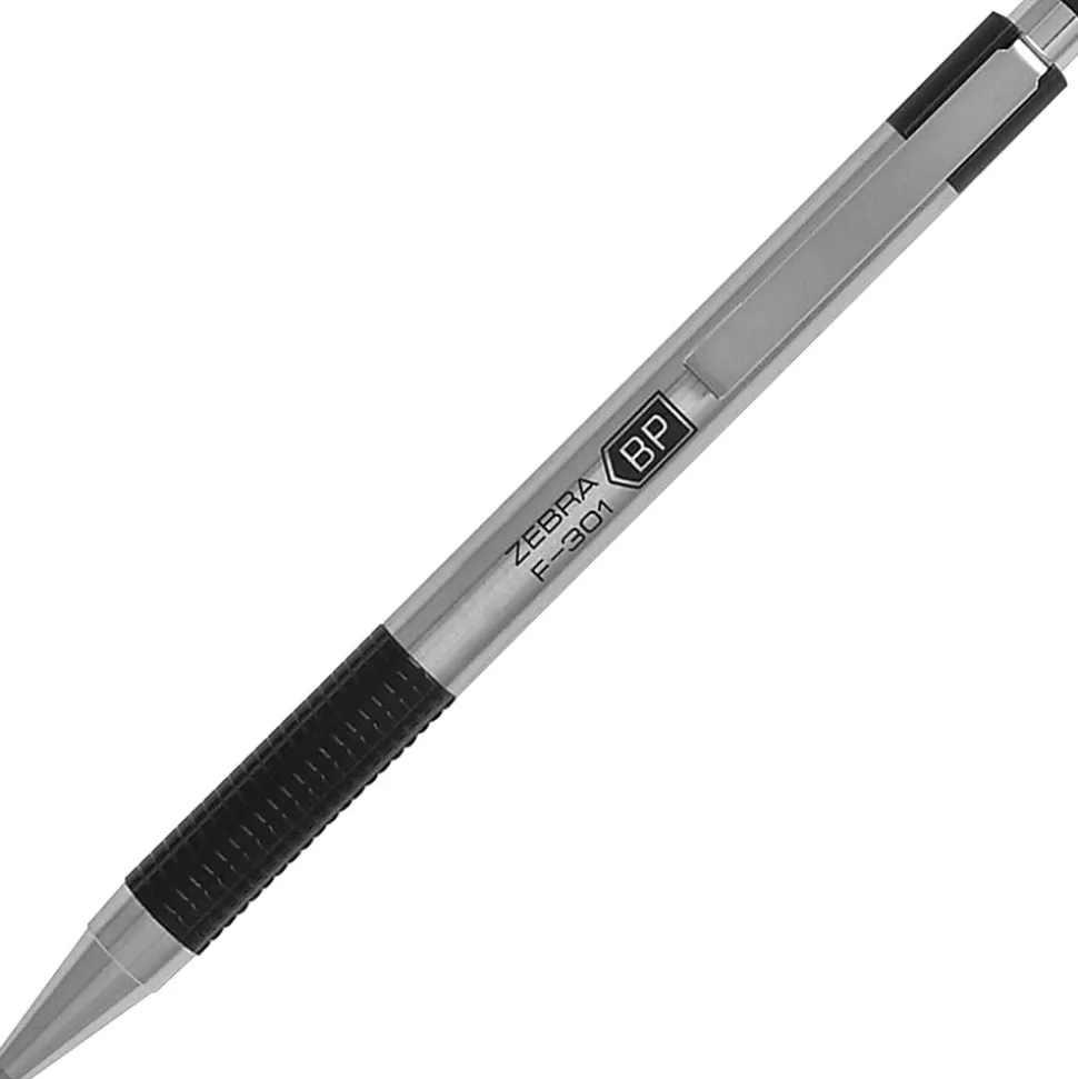 Zebra® Pen BCA F-301 Ballpoint Pens, Pack Of 2, Fine Point, 0.7 mm, Silver Barrel, Black Ink