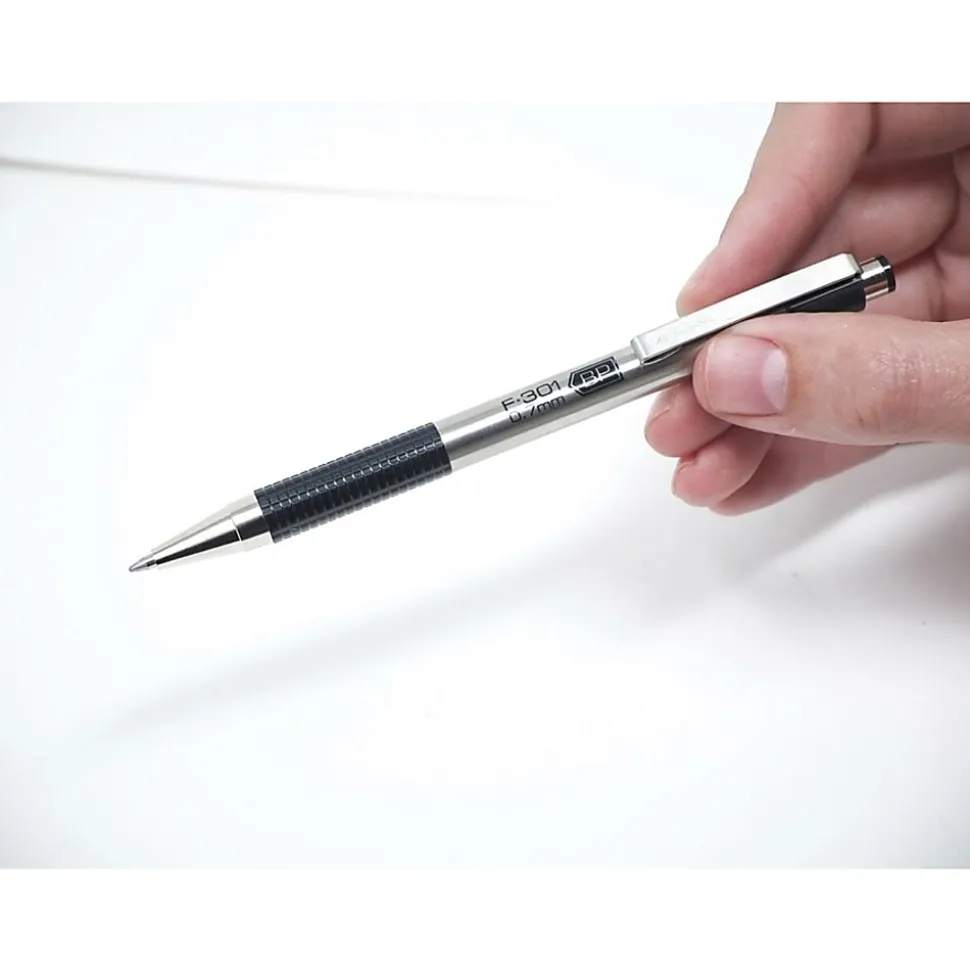 Zebra® Pen BCA F-301 Ballpoint Pens, Pack Of 2, Fine Point, 0.7 mm, Silver Barrel, Black Ink