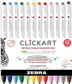 Zebra® Pen ClickArt® Retractable Marker Pens, Fine Point, 0.6 mm, Assorted Ink Colors, Pack Of 12 Pens