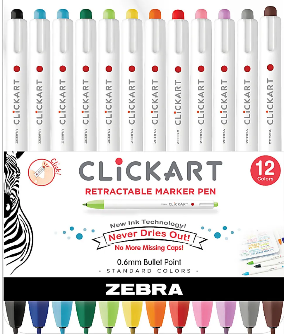 Zebra® Pen ClickArt® Retractable Marker Pens, Fine Point, 0.6 mm, Assorted Ink Colors, Pack Of 12 Pens