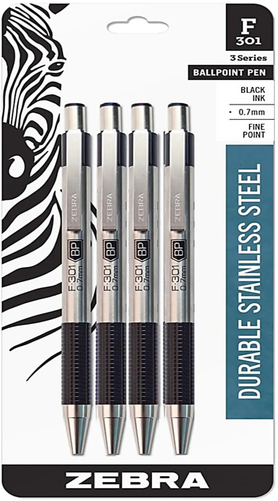 Zebra® Pen F-301 Stainless Steel Retractable Ballpoint Pens, Pack Of 4, Fine Point, 0.7 mm, Black Ink
