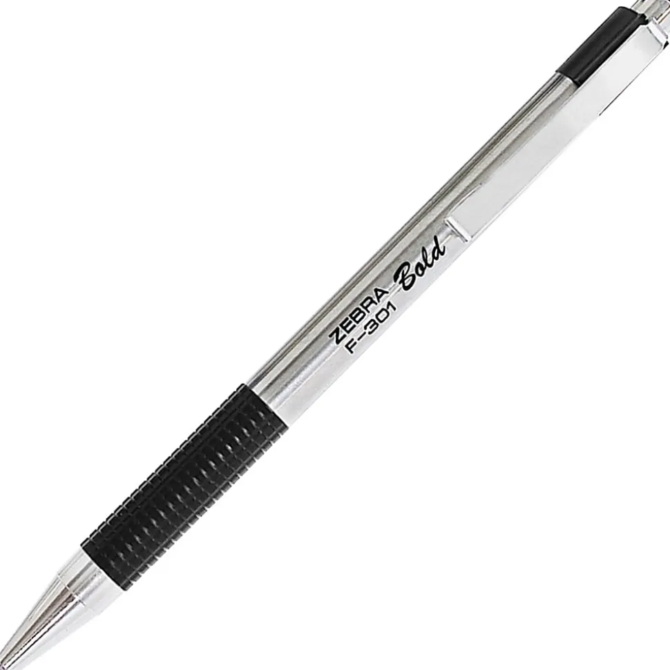 Zebra® Pen F-301 Stainless Steel Retractable Ballpoint Pens, Pack Of 12, Bold Point, 1.6 mm, Silver Barrel, Black Ink