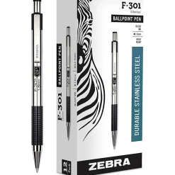 Zebra® Pen F-301 Stainless Steel Retractable Ballpoint Pens, Pack Of 12, Bold Point, 1.6 mm, Silver Barrel, Black Ink