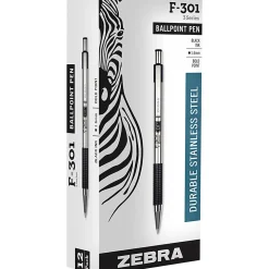 Zebra® Pen F-301 Stainless Steel Retractable Ballpoint Pens, Pack Of 12, Bold Point, 1.6 mm, Silver Barrel, Black Ink