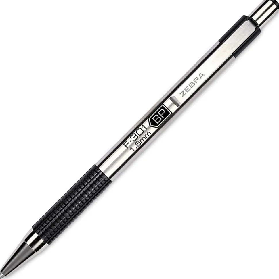 Zebra® Pen F-301 Stainless Steel Retractable Ballpoint Pens, Pack Of 12, Bold Point, 1.6 mm, Silver Barrel, Black Ink