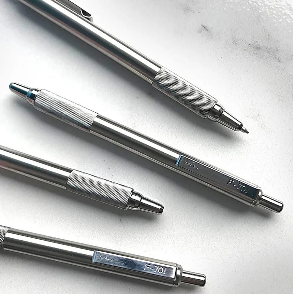 Zebra® Pen F-701 Stainless Steel Retractable Ballpoint Pen, Fine Point, 0.7 mm, Silver Barrel, Black Ink