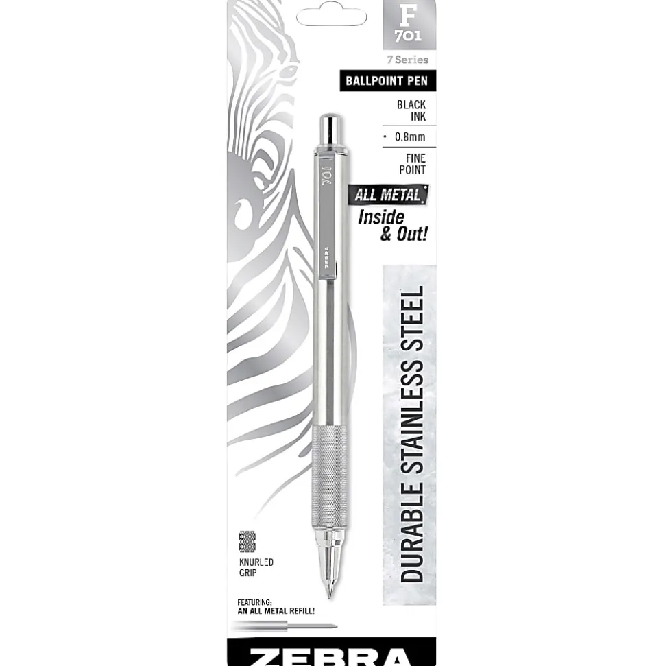Zebra® Pen F-701 Stainless Steel Retractable Ballpoint Pen, Fine Point, 0.7 mm, Silver Barrel, Black Ink