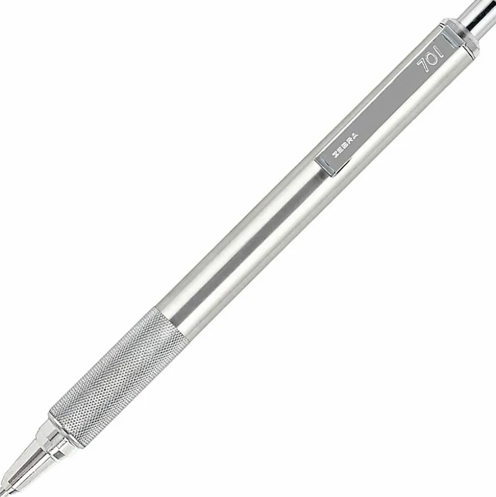 Zebra® Pen F-701 Stainless Steel Retractable Ballpoint Pen, Fine Point, 0.7 mm, Silver Barrel, Black Ink