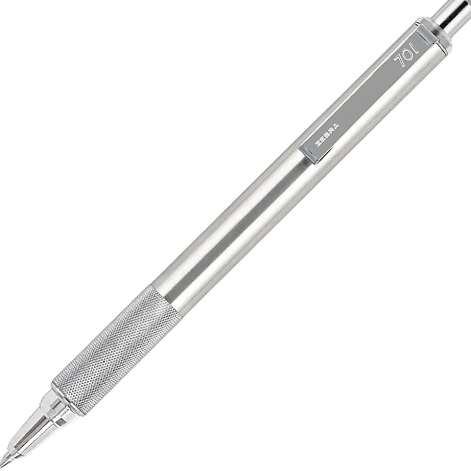 Zebra® Pen F-701 Stainless Steel Retractable Ballpoint Pen, Fine Point, 0.7 mm, Silver Barrel, Black Ink
