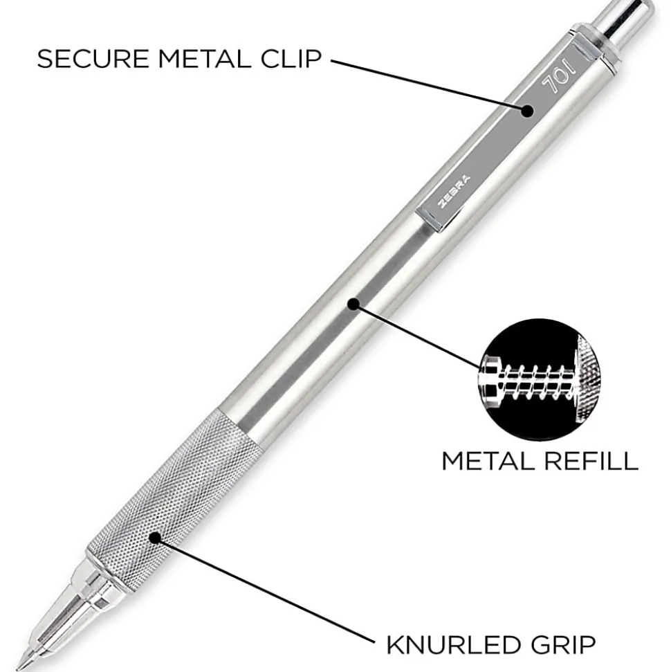 Zebra® Pen F-701 Stainless Steel Retractable Ballpoint Pen, Fine Point, 0.7 mm, Silver Barrel, Black Ink