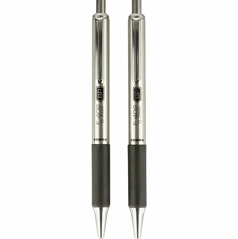 Zebra® Pen F-402 Stainless Steel Retractable Ballpoint Pens, Pack Of 2, Fine Point, 0.7 mm, Silver Barrel, Black Ink