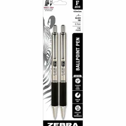 Zebra® Pen F-402 Stainless Steel Retractable Ballpoint Pens, Pack Of 2, Fine Point, 0.7 mm, Silver Barrel, Black Ink