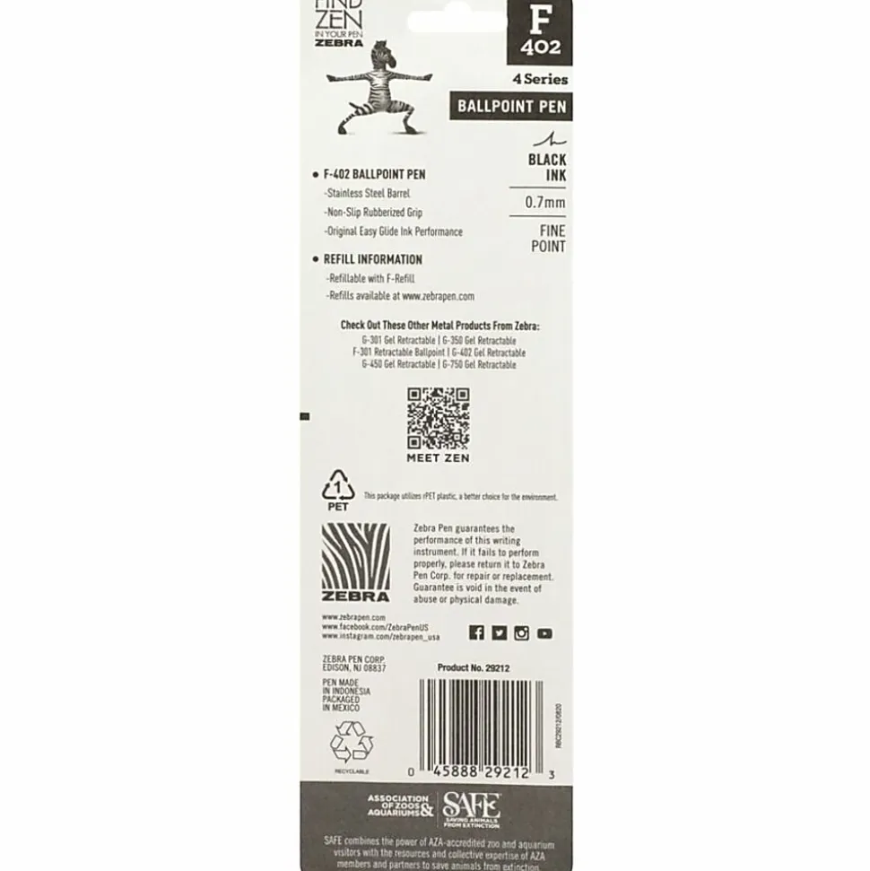 Zebra® Pen F-402 Stainless Steel Retractable Ballpoint Pens, Pack Of 2, Fine Point, 0.7 mm, Silver Barrel, Black Ink