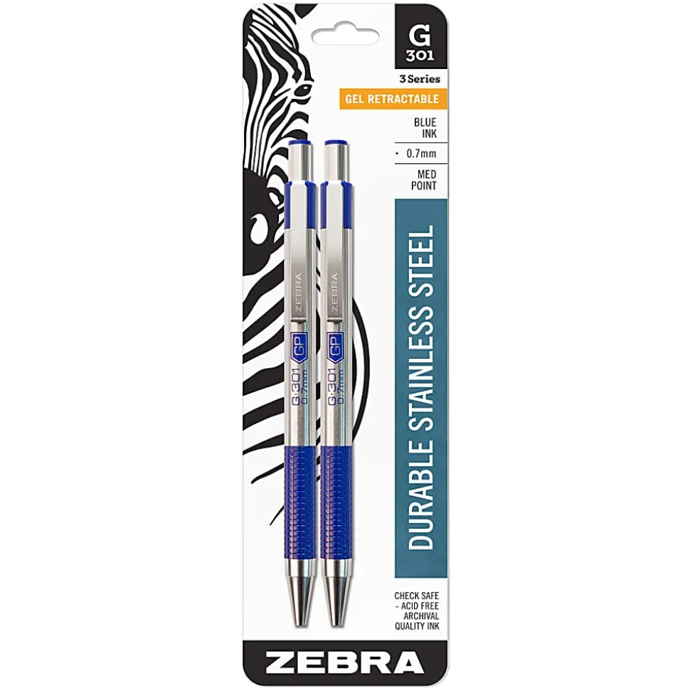 Zebra® Pen G-301® Retractable Gel Pens, Pack Of 2, Medium Point, 0.7 mm, Silver Barrel, Blue Ink