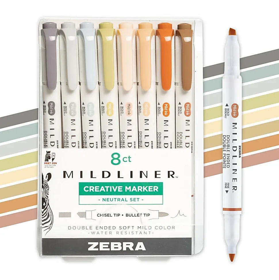 Zebra® Pen MILDLINER™ Double-Ended Creative Markers, Pack Of 8, Chisel/Fine Point, Assorted Neutral Colors