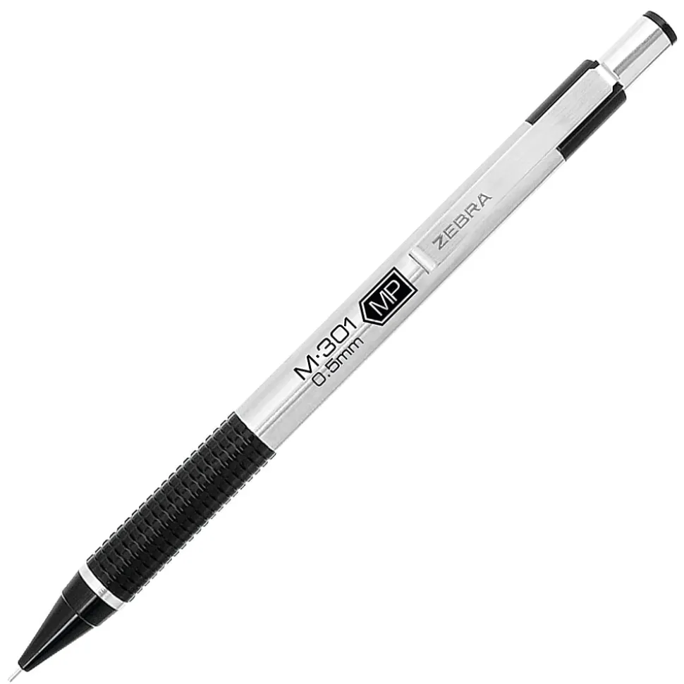 Zebra® Pen M-301 Stainless Steel Mechanical Pencils, Pack Of 2, Fine Point, 0.5 mm, Silver/Black Barrel