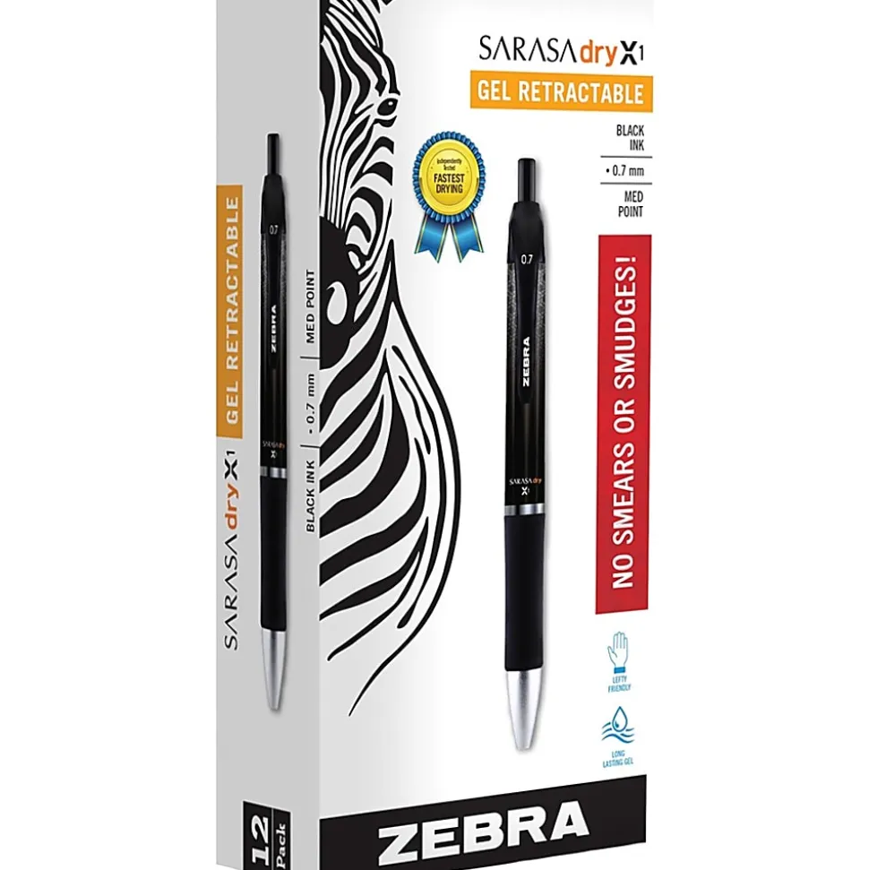 Zebra® Pen SARASA® Dry X1 Retractable Gel Pens, Pack Of 12, Medium Point, 0.7 mm, Black Barrel, Black Ink