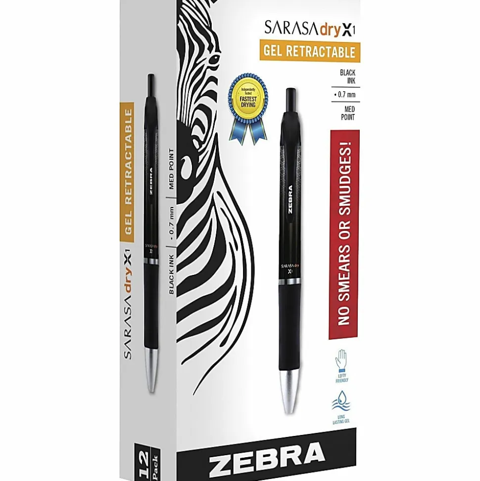 Zebra® Pen SARASA® Dry X1 Retractable Gel Pens, Pack Of 12, Medium Point, 0.7 mm, Black Barrel, Black Ink