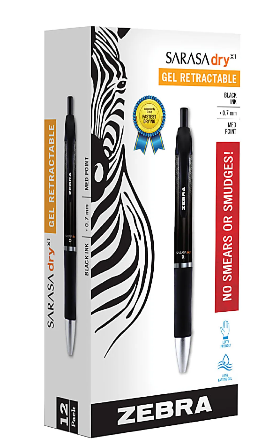 Zebra® Pen SARASA® Dry X1 Retractable Gel Pens, Pack Of 12, Medium Point, 0.7 mm, Black Barrel, Black Ink