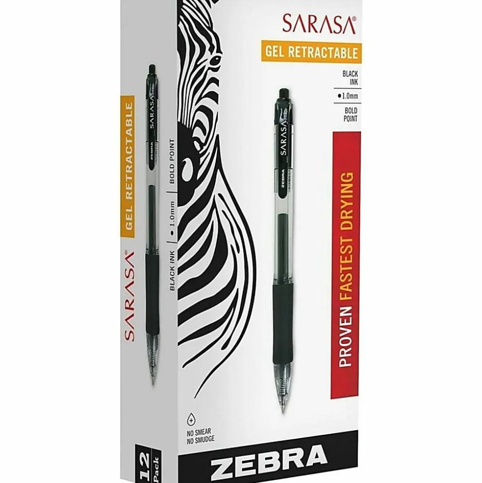 Zebra® Pen SARASA® Retractable Gel Pens, Pack Of 12, Bold Point, 1.0 mm, Clear Barrel, Black Ink