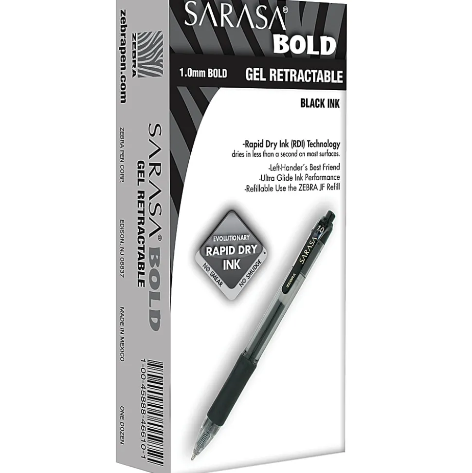 Zebra® Pen SARASA® Retractable Gel Pens, Pack Of 12, Bold Point, 1.0 mm, Clear Barrel, Black Ink