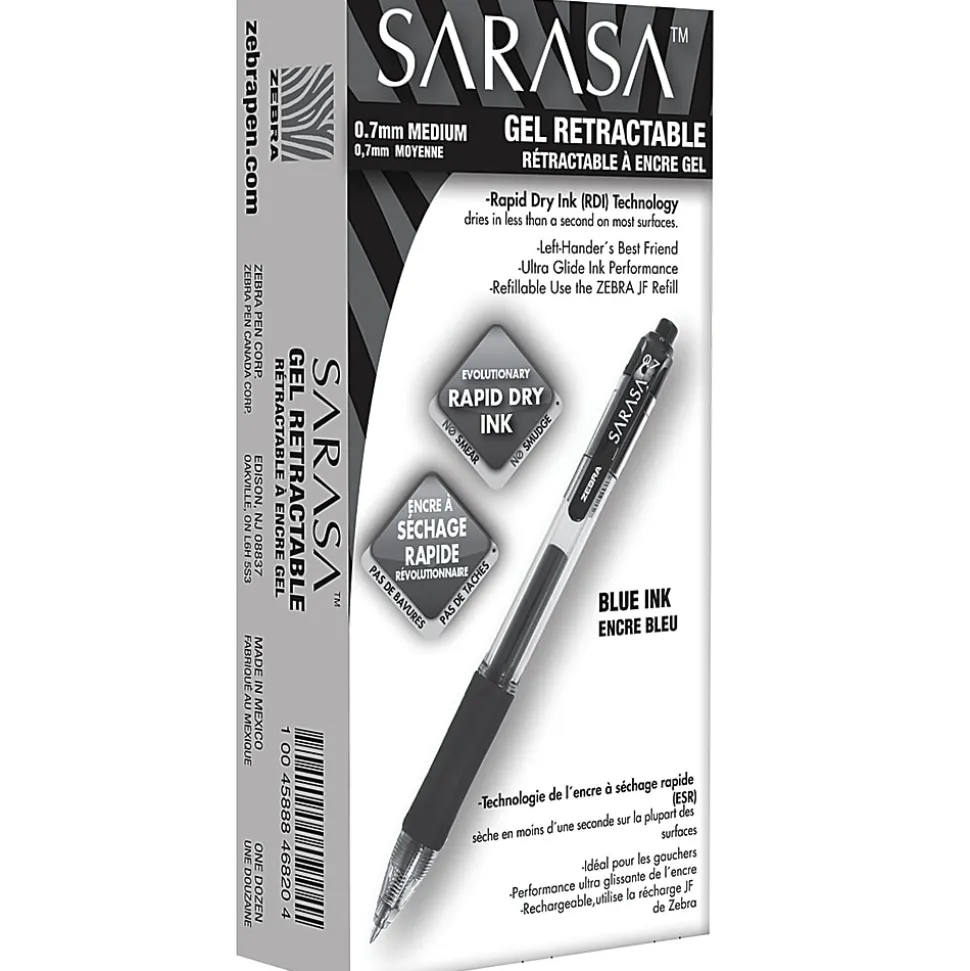 Zebra® Pen SARASA® Retractable Gel Pens, Pack Of 12, Medium Point, 0.7 mm, Clear Barrel, Blue Ink