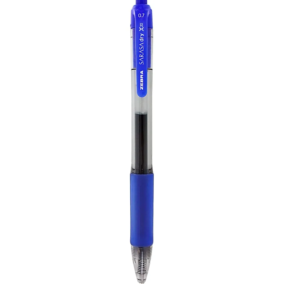 Zebra® Pen SARASA® Retractable Gel Pens, Pack Of 12, Medium Point, 0.7 mm, Clear Barrel, Blue Ink