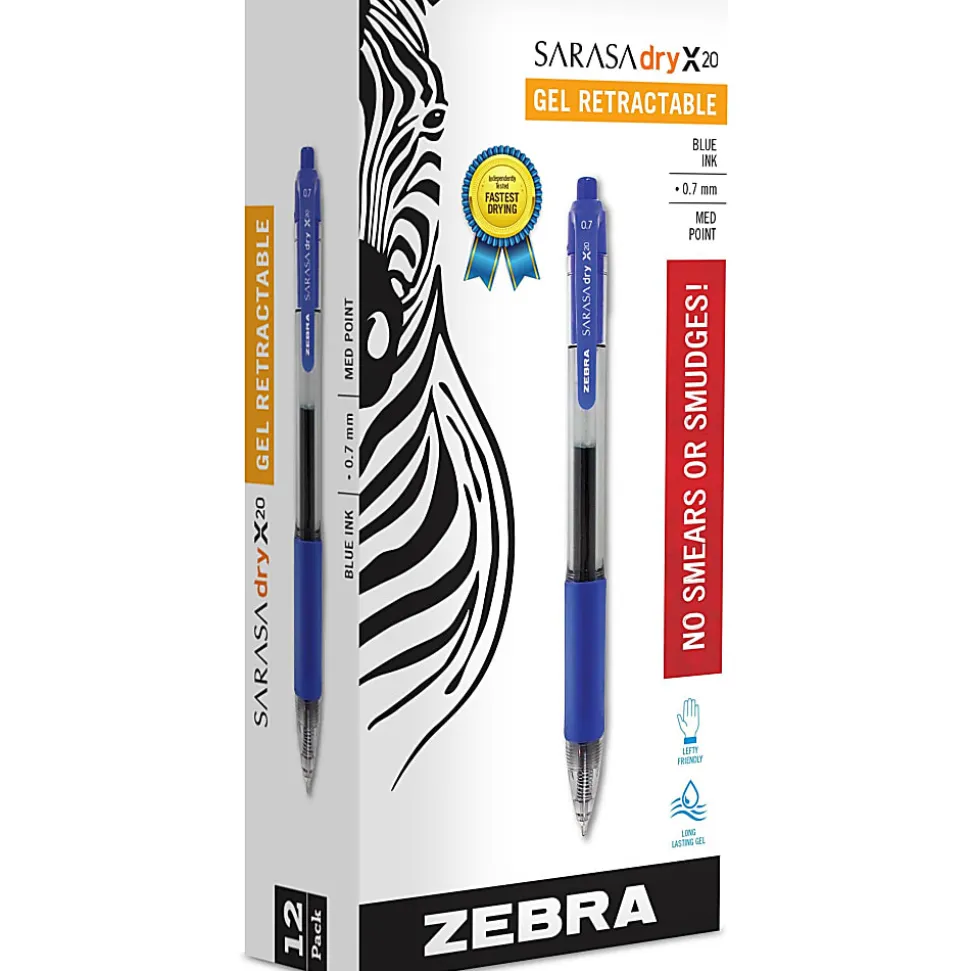 Zebra® Pen SARASA® Retractable Gel Pens, Pack Of 12, Medium Point, 0.7 mm, Clear Barrel, Blue Ink