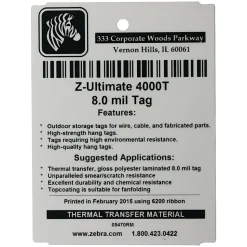 Zebra Z™Ultimate 4000T Thermal Transfer Labels, 05025RM, 8 mils, Pearl White, Pack Of 750