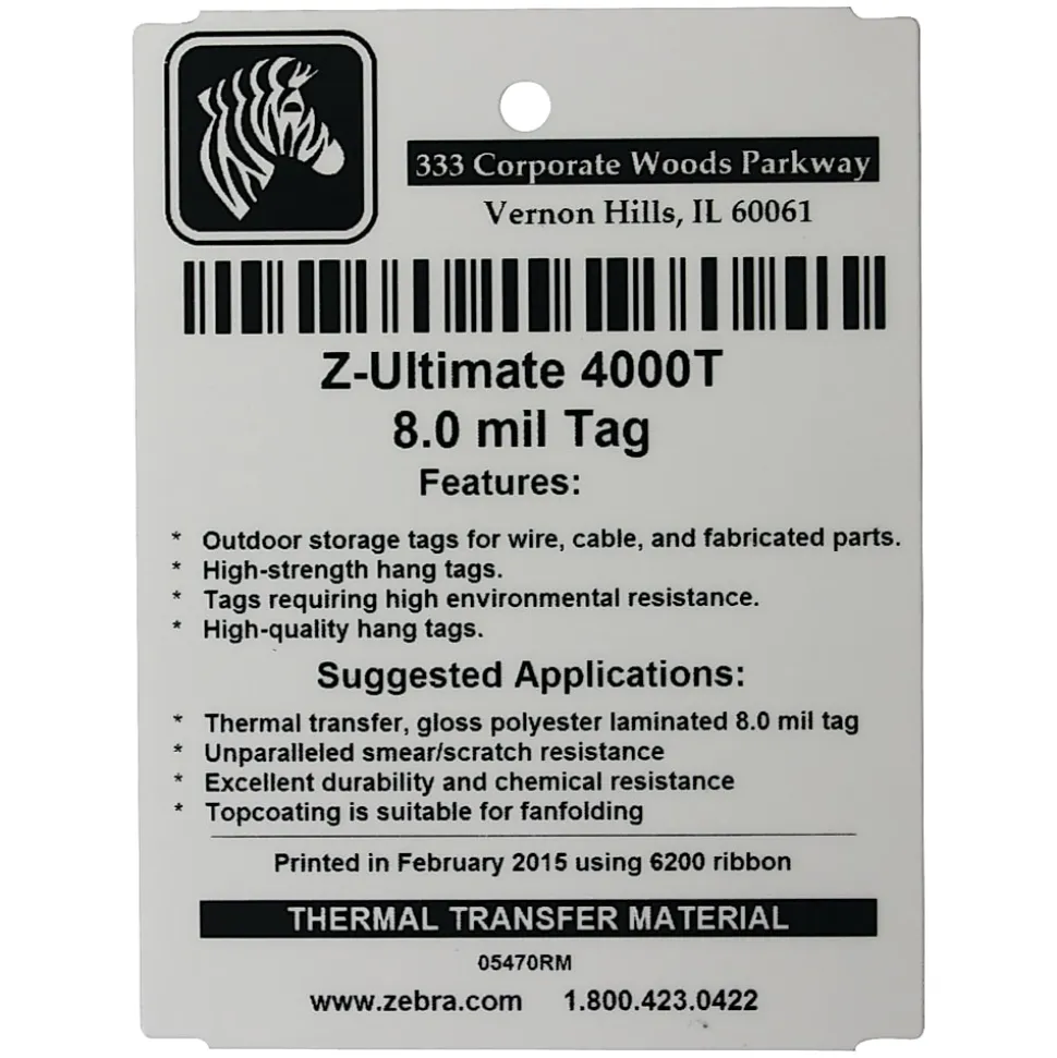 Zebra Z™Ultimate 4000T Thermal Transfer Labels, 05025RM, 8 mils, Pearl White, Pack Of 750