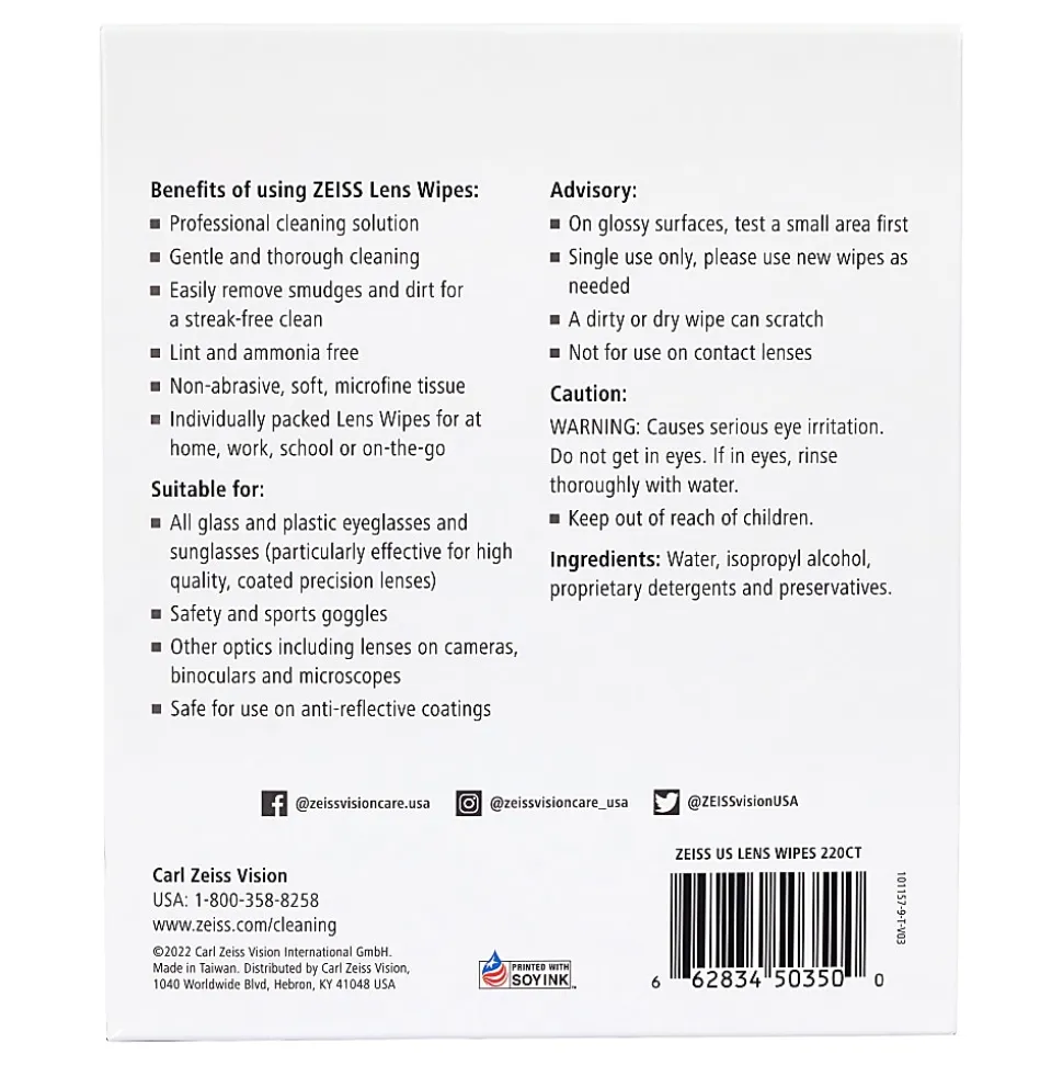 Zeiss Lens Wipes, 2", White, Pack Of 220 Wipes